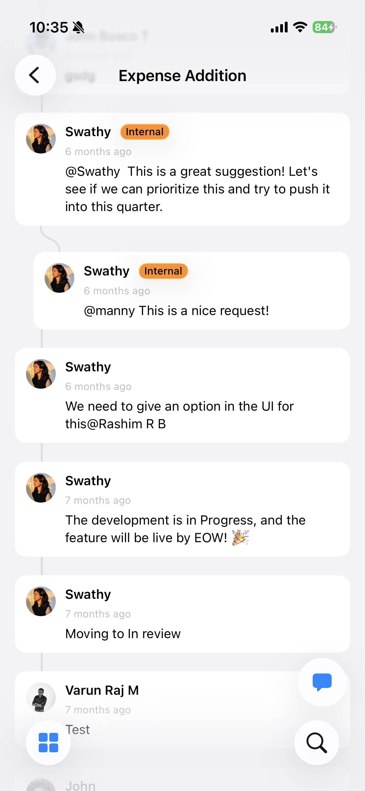 FeatureOS iOS app threaded comments with internal notes on a feedback post
