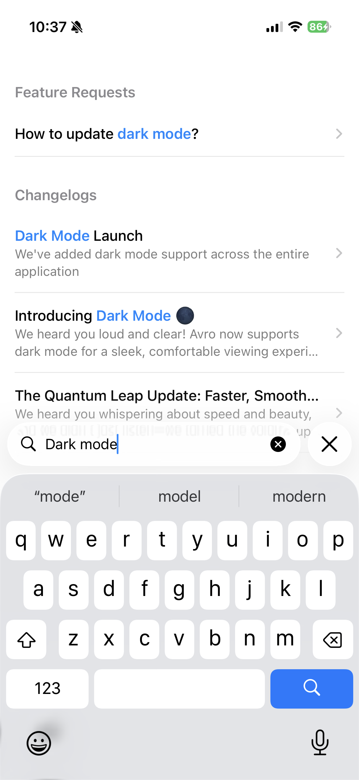 FeatureOS iOS app search screen showing results across feature requests and changelogs